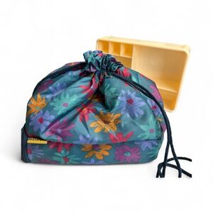 Sassaby Retro Turquoise Floral Drawstring Cosmetic Bag Case Vintage 1990s